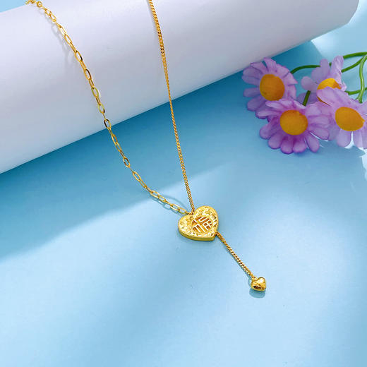 【限时克减150元】足金999.99 【精品】五9黄金实心AB项链福至心灵爱心流苏鱼鳞心形福牌调节套链(BFWJTL00089)预售产品下单后不退款不退货不换货不补差价 商品图2