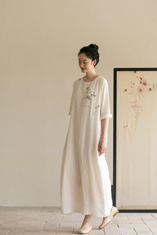 牧衣游原创 手工刺绣汉麻连衣裙宽松轻薄清凉古朴文艺长裙 弥尔 商品图5