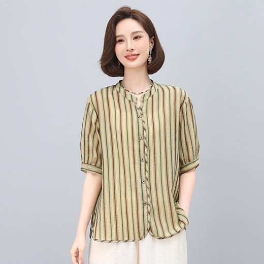 雀说条纹衬衫女短袖新款半开领文艺显瘦透气小衫薄款上衣AL5508 商品图1
