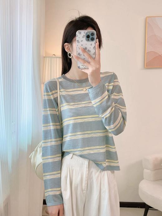 色系太好看了！2025天丝亚麻防晒罩衫显瘦撞色条纹针织衫T恤！ 商品图7