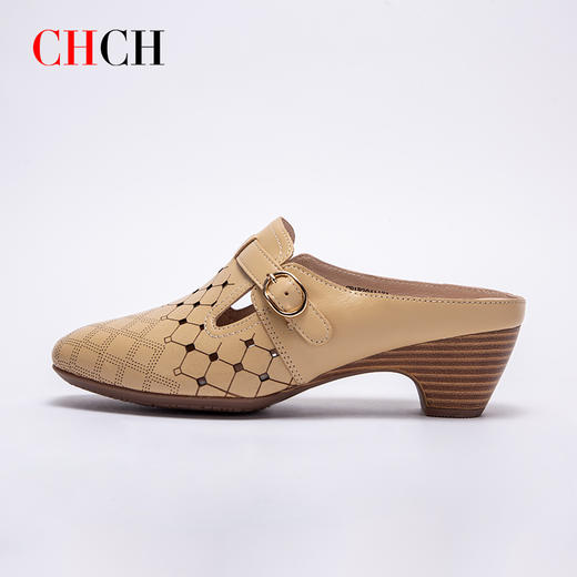 CHCH祈祈包头镂空半包拖鞋女2025夏季新品休闲凉拖女外穿柔软羊皮粗跟勃肯鞋CP1B3041 商品图1