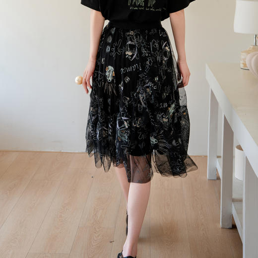 谜底提花半身裙2025夏季新品复古风松紧腰A型中长网纱裙25BMB5003 商品图2