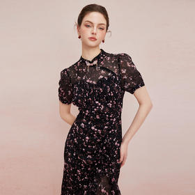 QF83025新款改良旗袍修身立体盘花腰间打褶藏肉不规则波浪裙摆连衣裙