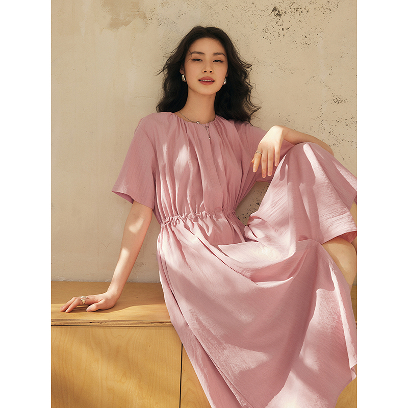 法式粉色连衣裙 收腰显瘦 莱赛尔垂顺薄款中长裙子 仙女裙353616024-初棉