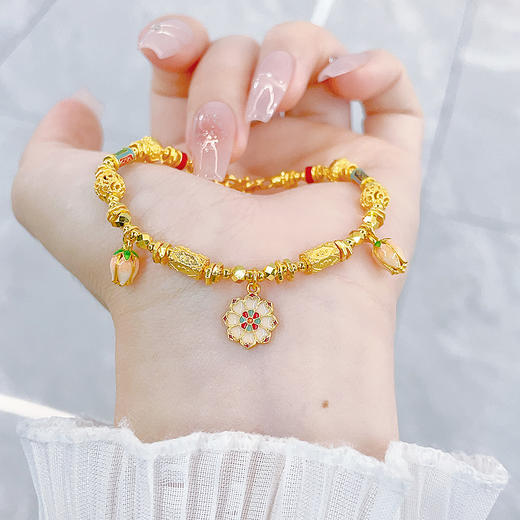 【限时克减150元】足金999 #繁华似锦 #低温珐琅 古法空心金花朵朵福运满满快乐永随珐琅手链（内里为无弹力棉线）(AEQGFSL00336)（预售产品下单后不退款不退货不换货不补差价） 商品图1