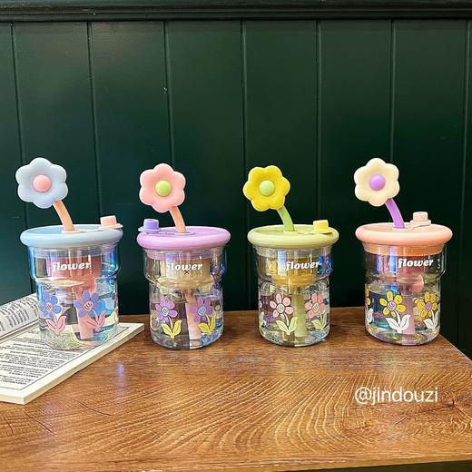 高颜值小花少女水杯带滤网高硼硅玻璃杯耐高温女生办公泡茶吸管杯 茶水分离 伴手礼小礼品 商品图1