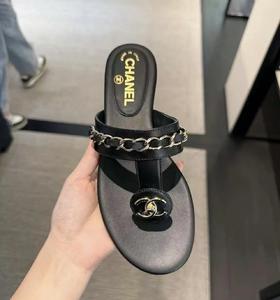 重磅推荐  25P链条夹脚拖鞋   黑金羊皮复古链条拖鞋