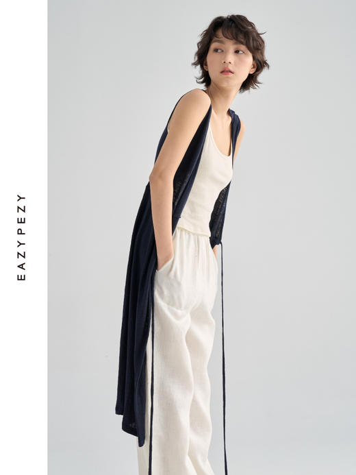 亚麻长款裹身无袖开衫马甲 商品图2