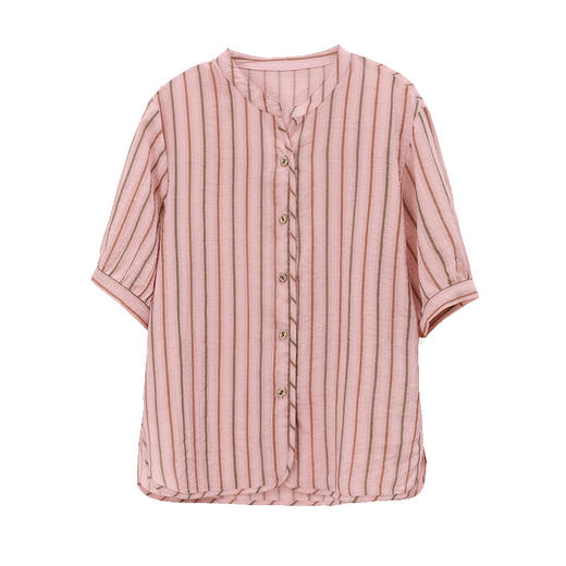 雀说条纹衬衫女短袖新款半开领文艺显瘦透气小衫薄款上衣AL5508 商品图4