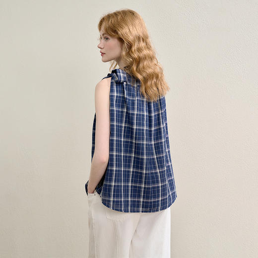 复古格纹绑带蝴蝶结挂脖衬衫女夏季俏皮可爱宽松衬衣V1050637 商品图4
