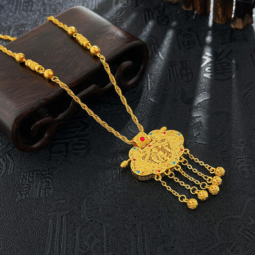 【限时克减150元】足金999 #宫廷风 #天子门生 #珐琅 古法镂空宝石珐琅长命锁项链铃铛流苏花丝如意龙凤呈祥锁包婚嫁调节套链(YQGFTL00092)（预售产品下单后不退款不退货不换货不补差价） 商品图2