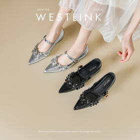 西遇尖头单鞋女新款夏季法式仙女花朵亮片内增高银色玛丽珍鞋V1056720