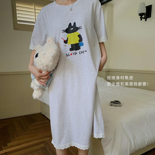 【会呼吸的冰瓷棉】夏季新款睡裙女黑猫熊熊卡通萌宠蕾丝冰棉大T裙 休闲圆领短袖短裤套装 商品图3