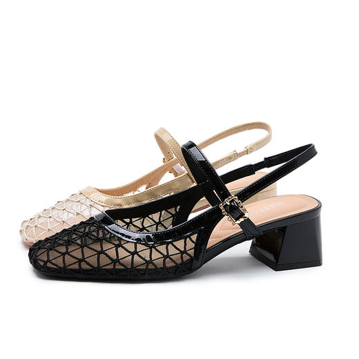 西遇包头凉鞋女新款夏季镂空网纱一字带高跟鞋后空粗跟单鞋V1056728 商品图4