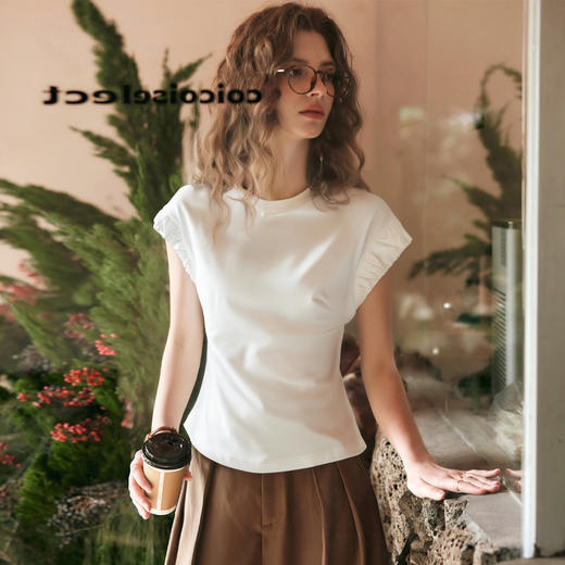 OLrain欧芮儿米白色套头连肩袖设计感上衣女夏季2025新款圆领T恤 商品图2