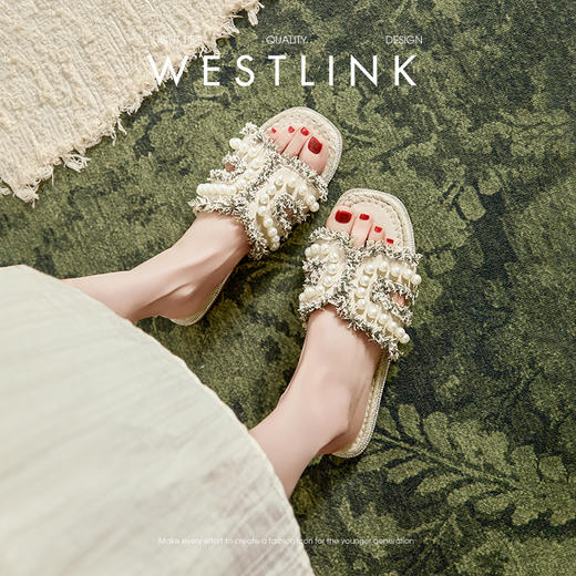 西遇法式凉拖鞋女外穿夏季新款珍珠小香风草编平底凉鞋一字拖D1056734 商品图0