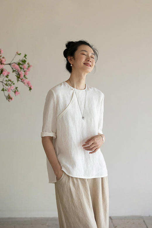 牧衣游原创 净色汉麻套头衫斜襟极简中式白色清凉百搭上衣 发南枝 商品图5