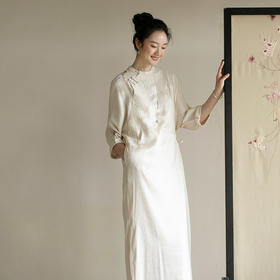 牧衣游原创 双宫绸精工手绣桑蚕丝连衣裙复古气质真丝长裙 彩笺书