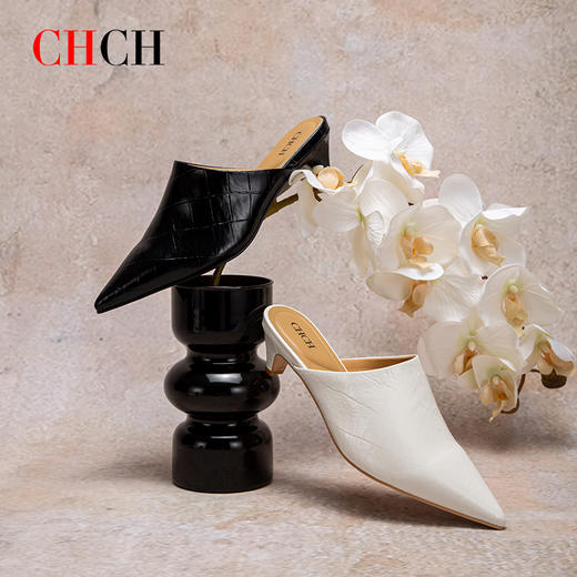 CHCH祈祈包头半拖鞋女2025夏季新品真皮尖头后空单鞋高跟凉拖懒人穆勒皮拖鞋 商品图1