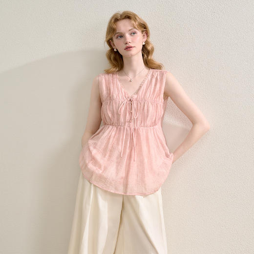 【天丝】温柔缩褶波纹肌理感衬衫女夏季娃娃款V领衬衣V0051045 商品图2