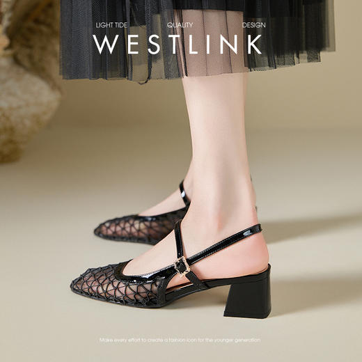 西遇包头凉鞋女新款夏季镂空网纱一字带高跟鞋后空粗跟单鞋V1056728 商品图2