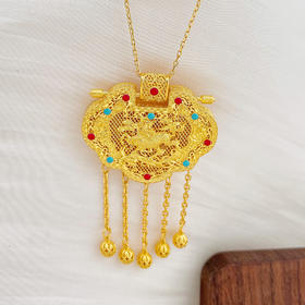 【限时克减150元】足金999 #天子门生 #婚庆 古法空心镂空珐琅天子门生锁包婚嫁吊坠铃铛流苏花丝如意锁包龙凤呈祥锁包吊坠（不含链）(YGFDZ00386)（预售产品下单后不退款不退货不换货不补差价