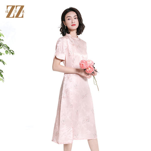 佐尔美夏季新款新中式国风碎花桑蚕丝短袖连衣裙女M42LS83 商品图2