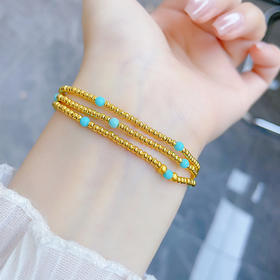 【限时7.5折】【定价黄金】足金 3D硬金空心清新仿绿松石三圈幸运手串圆珠弹力绳成品手串(AK3DSC00036)（预售产品下单后不退款不退货不换货不补差价）