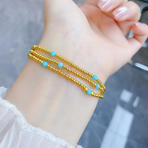 【限时7.5折】【定价黄金】足金 3D硬金空心清新仿绿松石三圈幸运手串圆珠弹力绳成品手串(AK3DSC00036)（预售产品下单后不退款不退货不换货不补差价） 商品图0