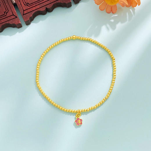 【限时克减150元】足金999 #超轻  #低温珐琅  古法空心圆珠手链福字小金花花形吊饰转运金珠弹力绳手串(AUGFSC000029)（预售产品下单后不退款不退货不换货不补差价） 商品图1