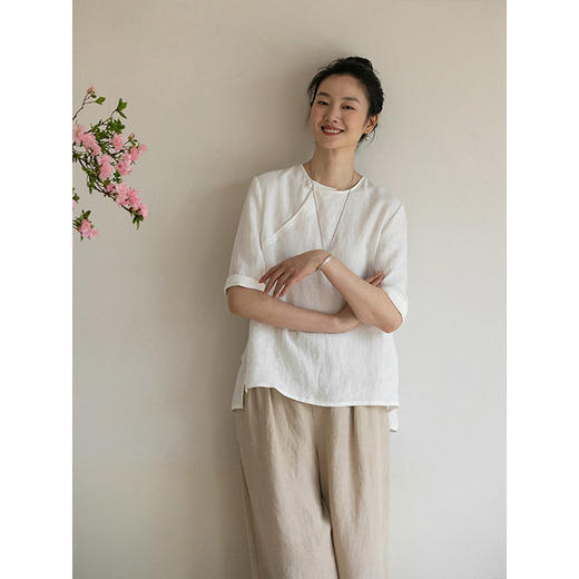 牧衣游原创 净色汉麻套头衫斜襟极简中式白色清凉百搭上衣 发南枝 商品图3