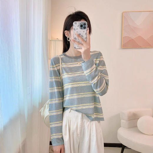 色系太好看了！2025天丝亚麻防晒罩衫显瘦撞色条纹针织衫T恤！ 商品图0