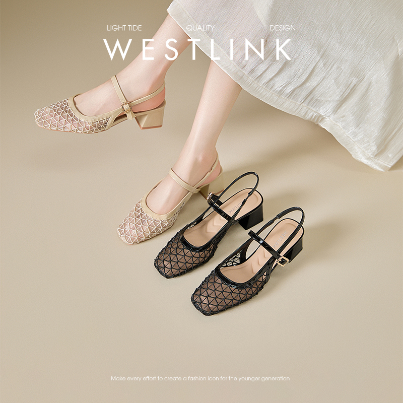 西遇包头凉鞋女新款夏季镂空网纱一字带高跟鞋后空粗跟单鞋V1056728