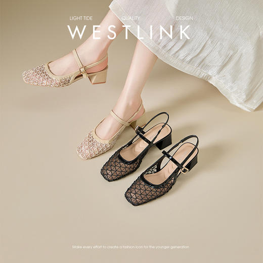 西遇包头凉鞋女新款夏季镂空网纱一字带高跟鞋后空粗跟单鞋V1056728 商品图0