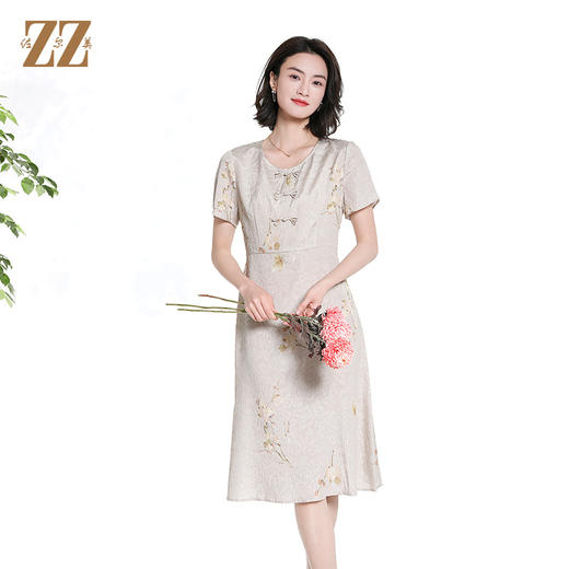 佐尔美夏季新款新中式碎花100%桑蚕丝短袖连衣裙女M42LS80 商品图4