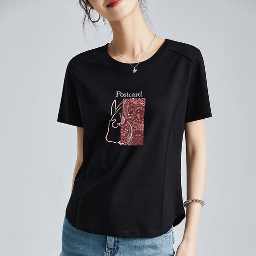 百媚生 刺绣圆领丝光棉法式短袖T恤M767 商品图5