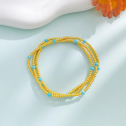 【限时7.5折】【定价黄金】足金 3D硬金空心清新仿绿松石三圈幸运手串圆珠弹力绳成品手串(AK3DSC00036)（预售产品下单后不退款不退货不换货不补差价） 商品图2