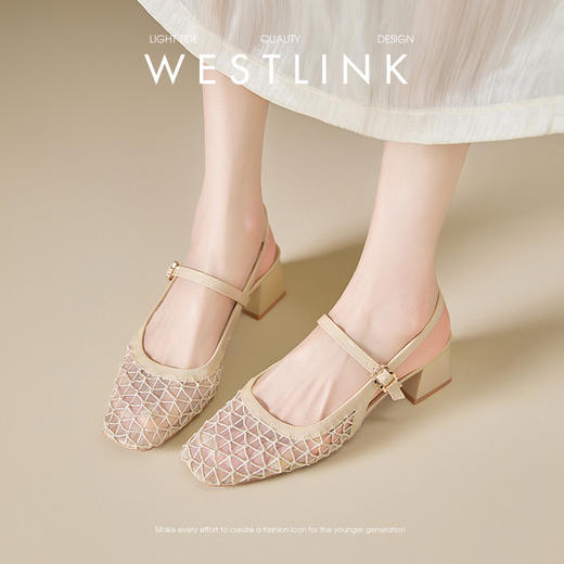 西遇包头凉鞋女新款夏季镂空网纱一字带高跟鞋后空粗跟单鞋V1056728 商品图1