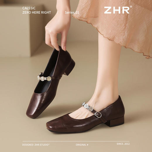 ZHR方头水钻浅口单鞋复古玛丽珍鞋2025新款春季法式平底气质皮鞋 商品图8