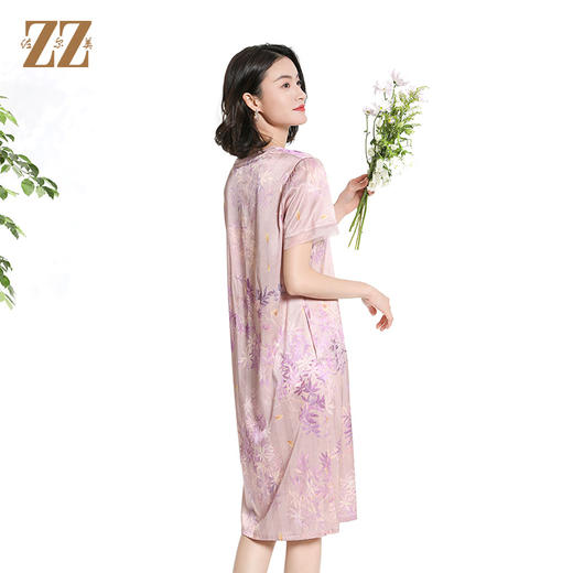 佐尔美夏季新款时尚气质碎花桑蚕丝短袖连衣裙女M42LS81 商品图4