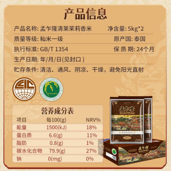 孟乍隆泰国清莱茉莉香米 大米20斤（5kg*2）2024年新米 长粒米 泰国香米 /粮油调味 /米 /泰国香米 商品图1