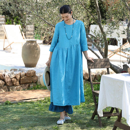 绽放旅行女装265朵/定染砂洗亚麻错位抽褶透气舒适七八分袖连衣裙 商品图0