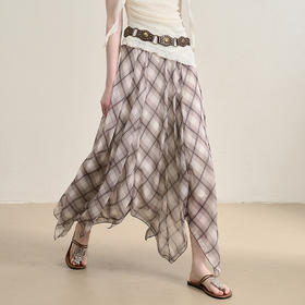 【黑白格纹】慵懒风飘逸裙摆半裙女夏季度假风长裙H0050866