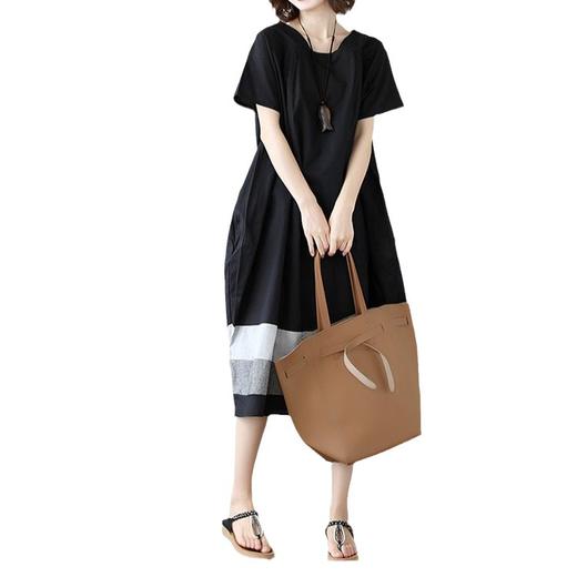 雀说新款韩版大码宽松拼接条纹棉麻短袖连衣裙女装中长款AL997 商品图4