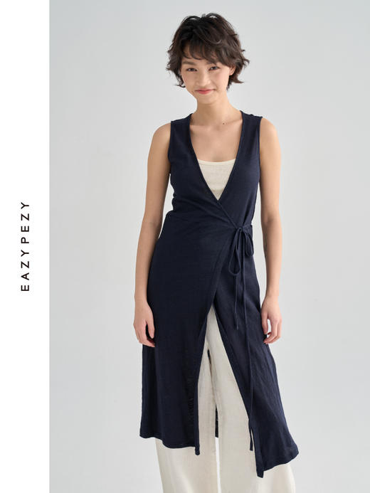 亚麻长款裹身无袖开衫马甲 商品图0