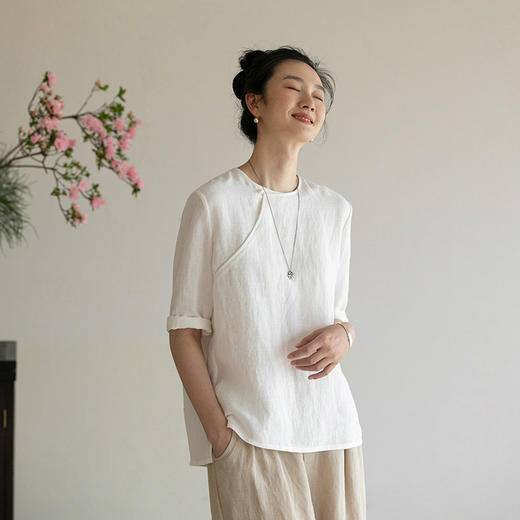 牧衣游原创 净色汉麻套头衫斜襟极简中式白色清凉百搭上衣 发南枝 商品图0