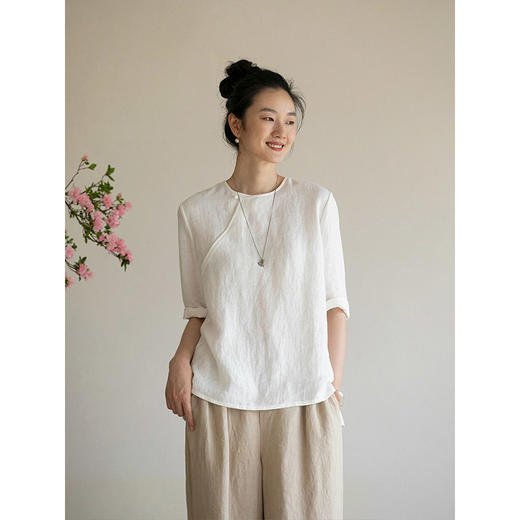 牧衣游原创 净色汉麻套头衫斜襟极简中式白色清凉百搭上衣 发南枝 商品图1