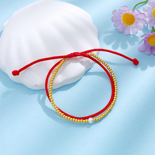 【限时7.5折】【定价黄金】足金 5D硬金圆珠编织红绳双层手链天然淡水珍珠转运金珠转运红绳成品手串(RFXJB0096-3.504)【补手工费可以换新的绳子】预售产品下单后不退款不退货不换货不补差价 商品图1