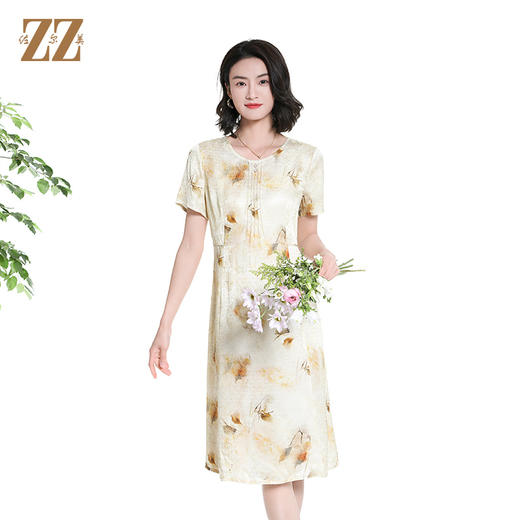佐尔美夏季新款时尚气质碎花桑蚕丝短袖连衣裙女M42LS82 商品图3