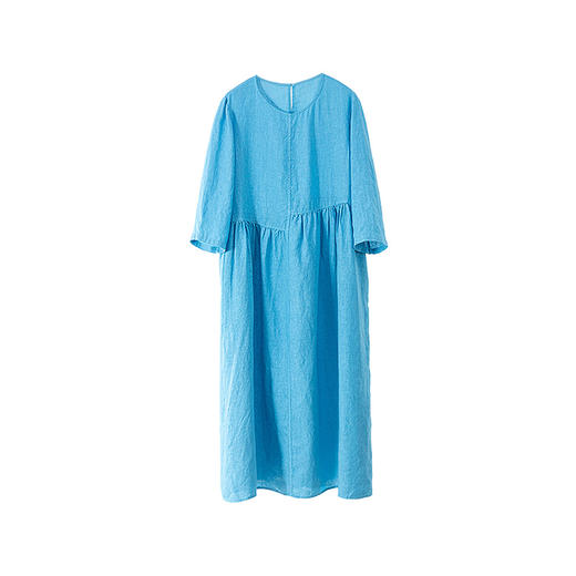 绽放旅行女装265朵/定染砂洗亚麻错位抽褶透气舒适七八分袖连衣裙 商品图4